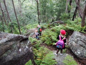 Marilla, Charlotte and Jane on the descent to Cattle Duffers Flat, Ridge Walk, Georges River NP